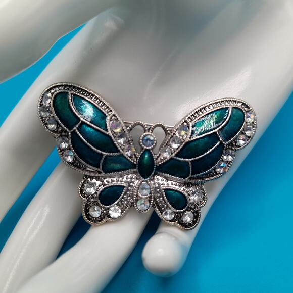 Vintage Enamel Butterfly Brooch, Metallic Teal, Aurora Borealis Rhinestones - Picture 2 of 9